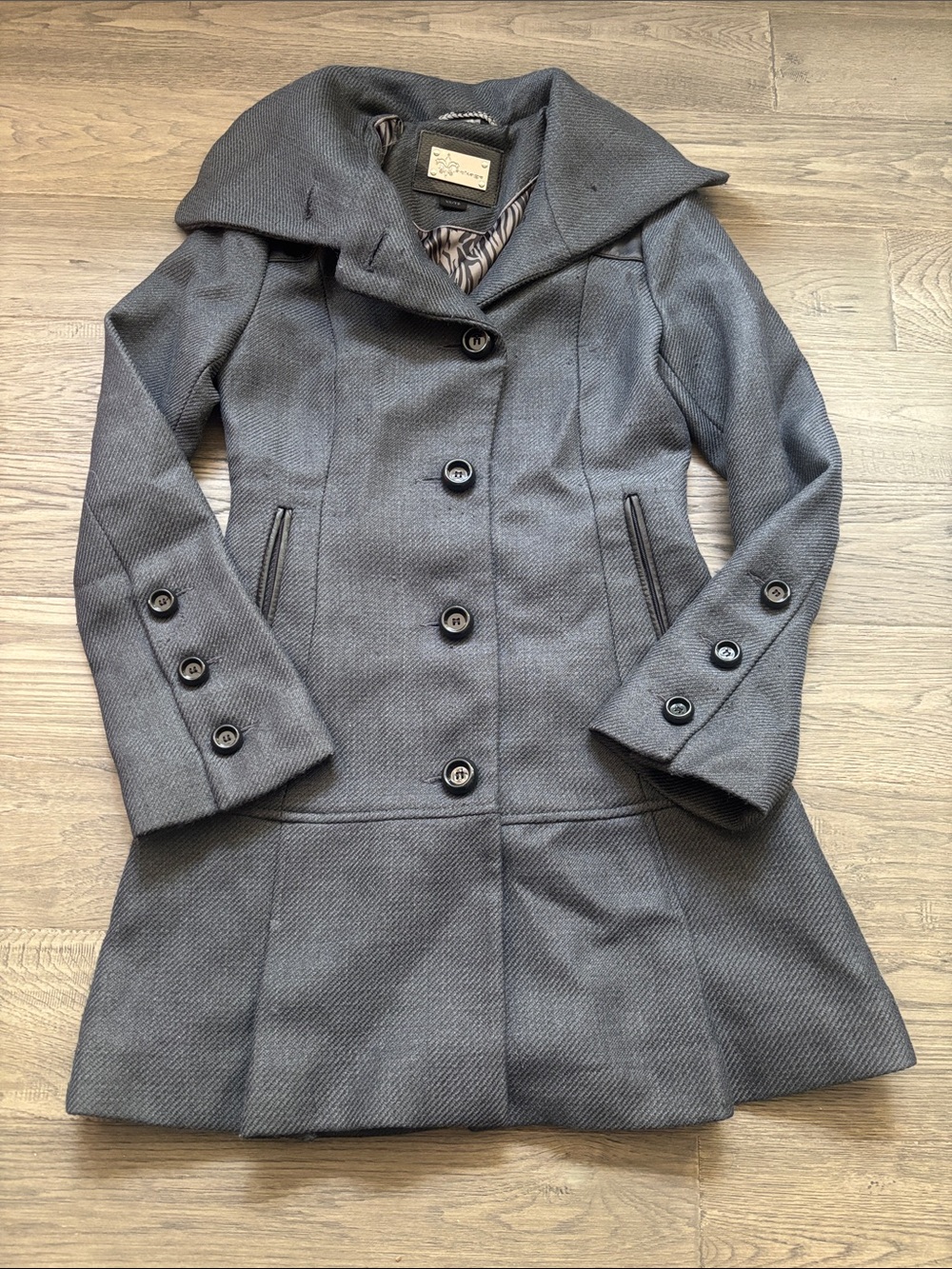 Mackage | Charcoal Gray Wool Blend Pea Coat Tailored Silhouette Leather Trim XS